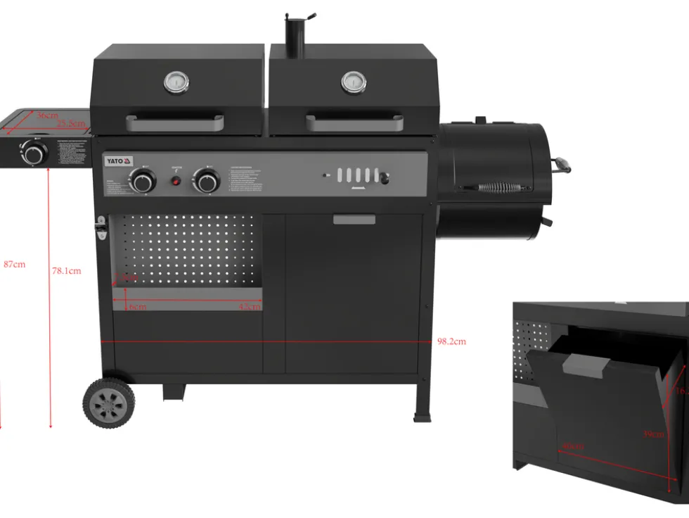 GRILL 4W1, GAZOWY + WĘGLOWY + WĘDZARNIA + PALNIK BOCZNY, 8,5KW