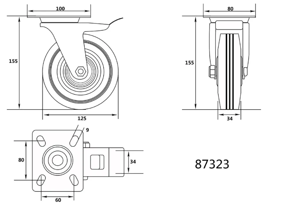 KÓŁKO SKRĘTNE Z CZARNĄ GUMĄ I HAMULCEM 125MM