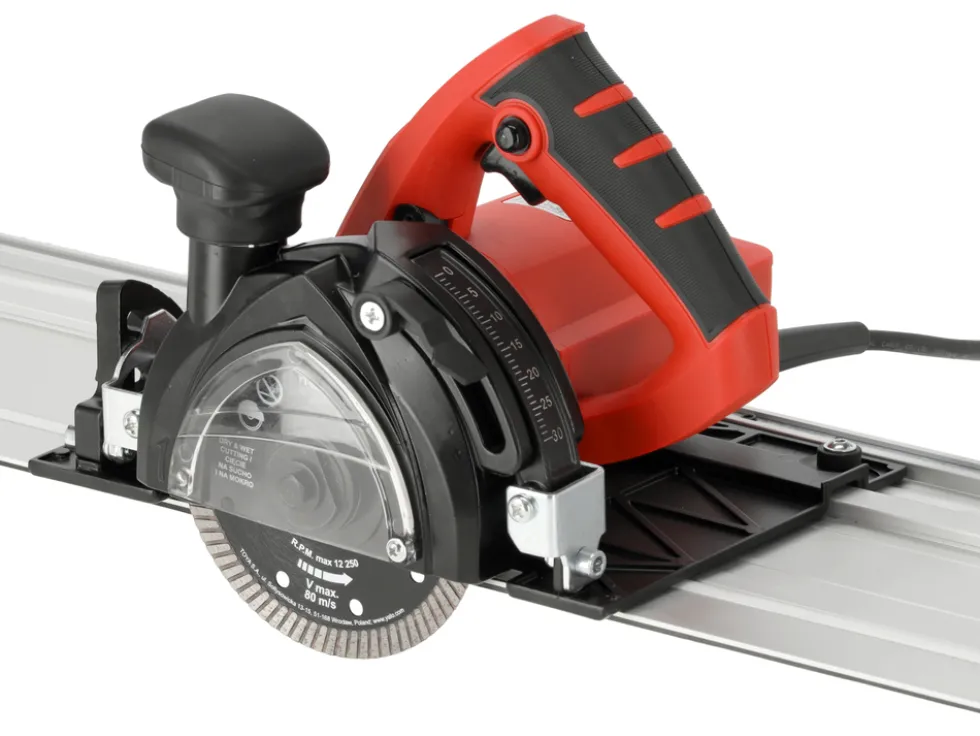 PRZECINARKA Z PROWADNICĄ 125MM 1400W DO GRESU, Z FUNKCJĄ FAZOWANIA PŁYTEK ORAZ PRZYŁĄCZEM DO ODKURZACZA