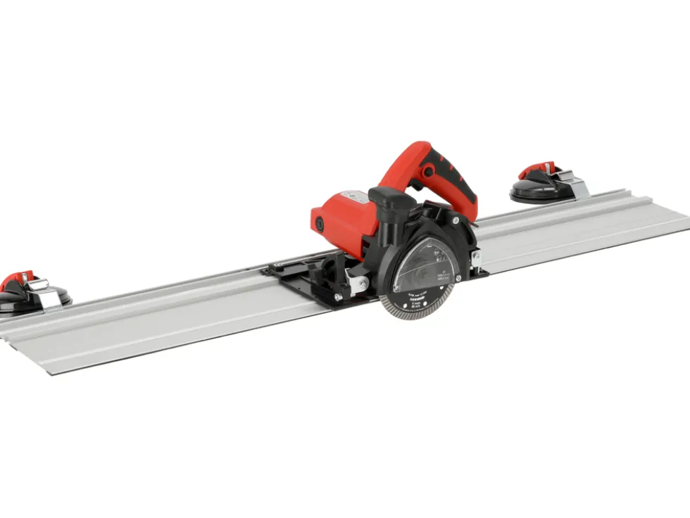 PRZECINARKA Z PROWADNICĄ 125MM 1400W DO GRESU, Z FUNKCJĄ FAZOWANIA PŁYTEK ORAZ PRZYŁĄCZEM DO ODKURZACZA