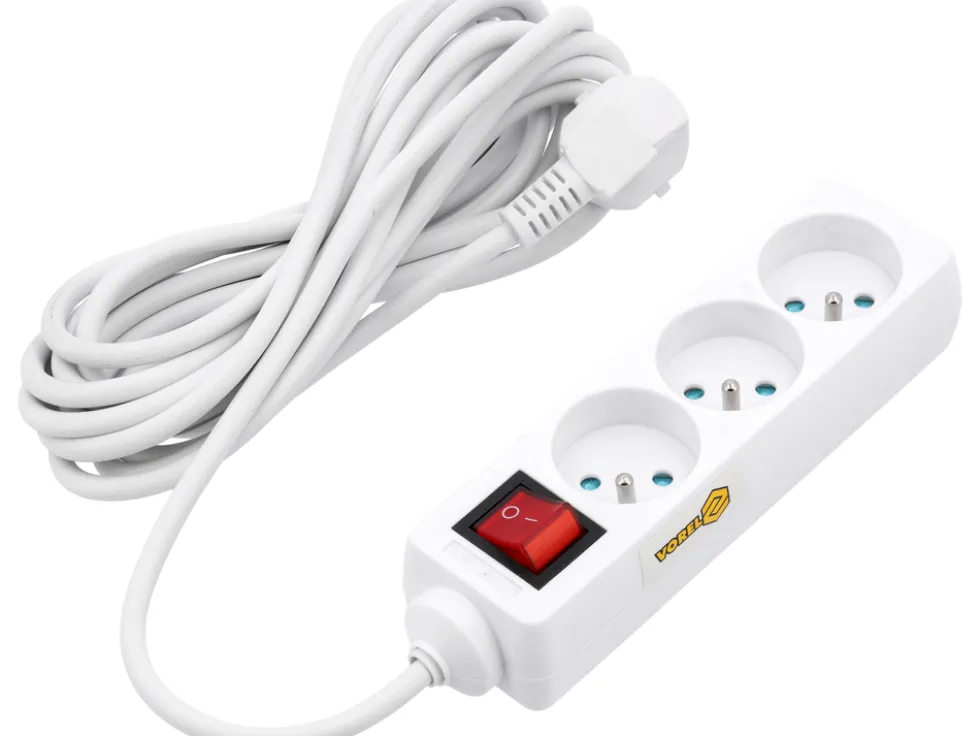 PRZEDŁUŻACZ ELEKTRYCZNY, BIAŁY, 3 GNIAZDA Z UZIEMIENIEM, 5M Z WYŁĄCZNIKIEM