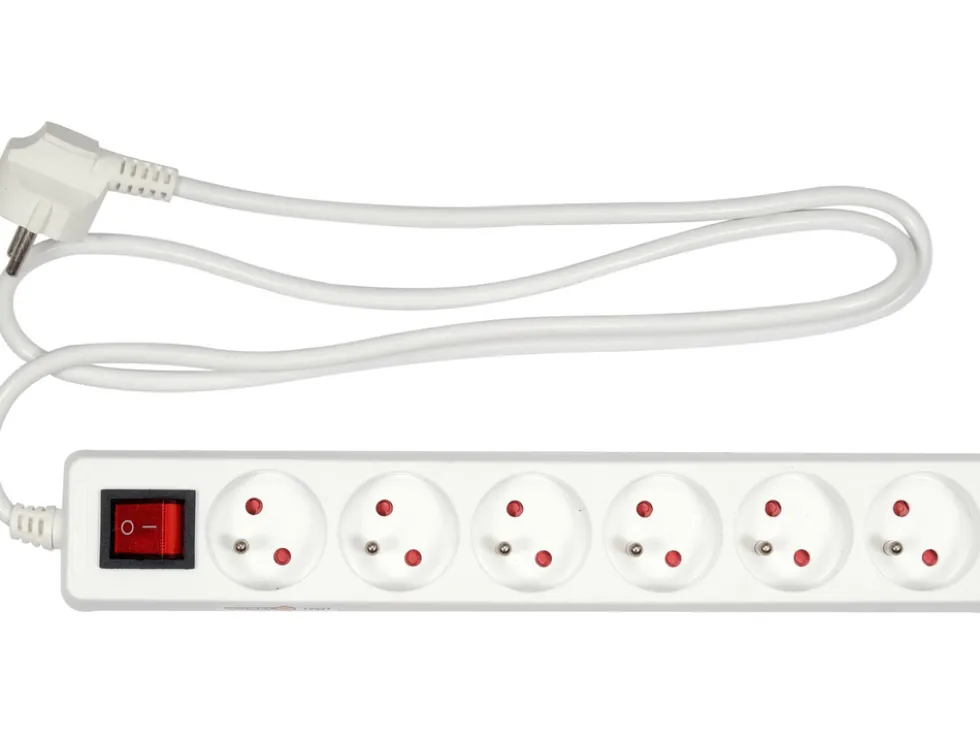 PRZEDŁUŻACZ ELEKTRYCZNY, BIAŁY, 6 GNIAZD Z UZIEMIENIEM, 1,5M Z WYŁĄCZNIKIEM