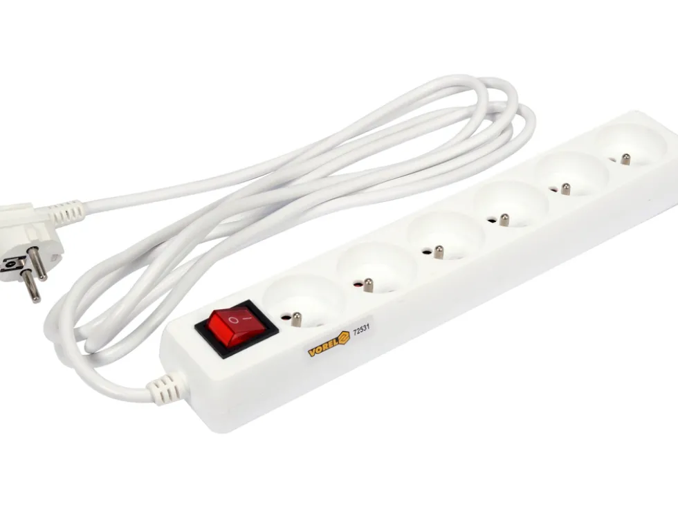 PRZEDŁUŻACZ ELEKTRYCZNY, BIAŁY, 6 GNIAZD Z UZIEMIENIEM, 3M Z WYŁĄCZNIKIEM