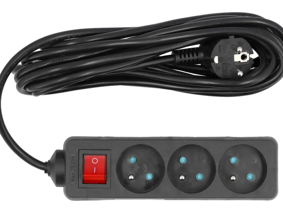 PRZEDŁUŻACZ ELEKTRYCZNY, BLACK, 3 GNIAZDA Z UZIEMIENIEM, 5M Z WYŁĄCZNIKIEM