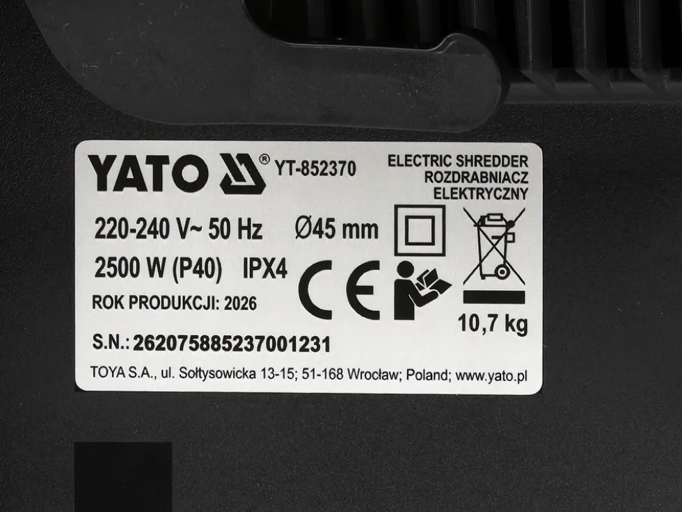 ROZDRABNIACZ ELEKTRYCZNY 2500 W, MOC-2500 W, MAKS. ŚREDNICA CIĘCIA: 45 MM