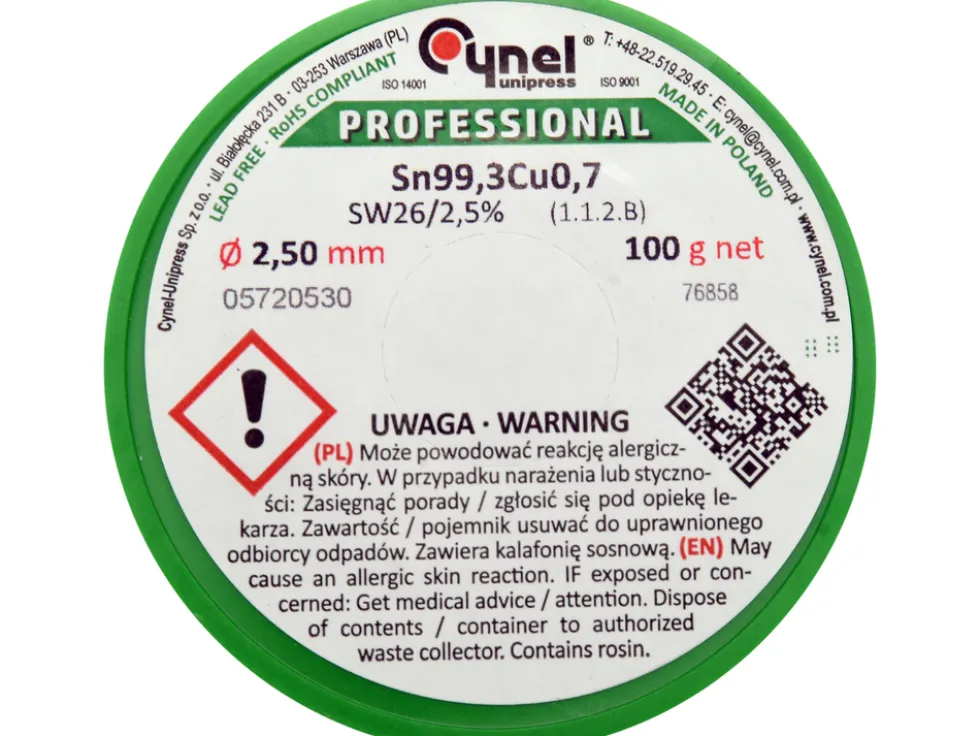 SPOIWO, DRUT LUTOWNICZY BEZOŁOWIOWY Z TOPNIKIEM NA SZPULI 2,5MM, 100G, SN99,3CU0,7
