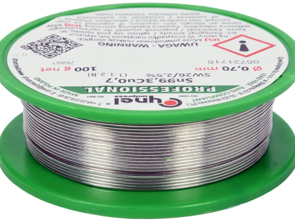 SPOIWO, DRUT LUTOWNICZY BEZOŁOWIOWY Z TOPNIKIEM NA SZPULI 0,7MM, 100G, SN99,3CU0,7