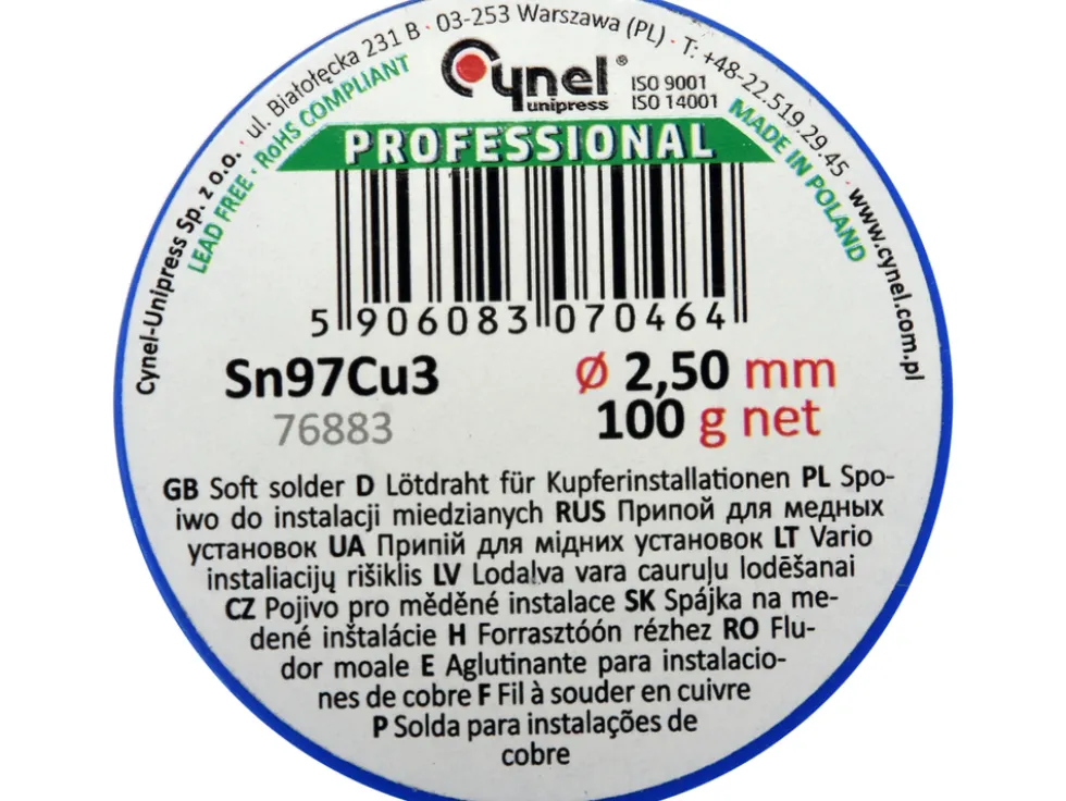 SPOIWO, DRUT LUTOWNICZY DO INSTALACJI MIEDZIANYCH NA SZPULI 2,5MM, 100G, SN97CU3