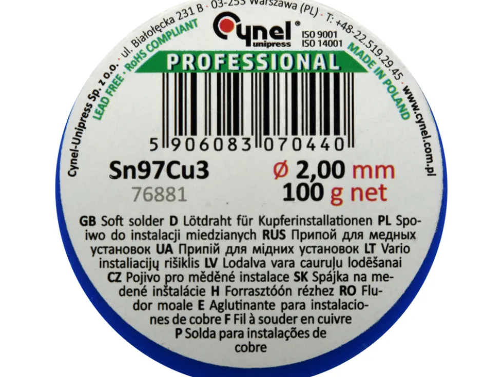 SPOIWO, DRUT LUTOWNICZY DO INSTALACJI MIEDZIANYCH NA SZPULI 2,0MM, 100G, SN97CU3
