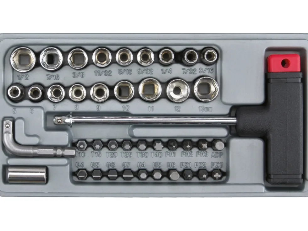 WKRĘTAK TYPU T Z WYMIENYMI GROTAMI I NASADKAMI, ZESTAW 41 SZT.